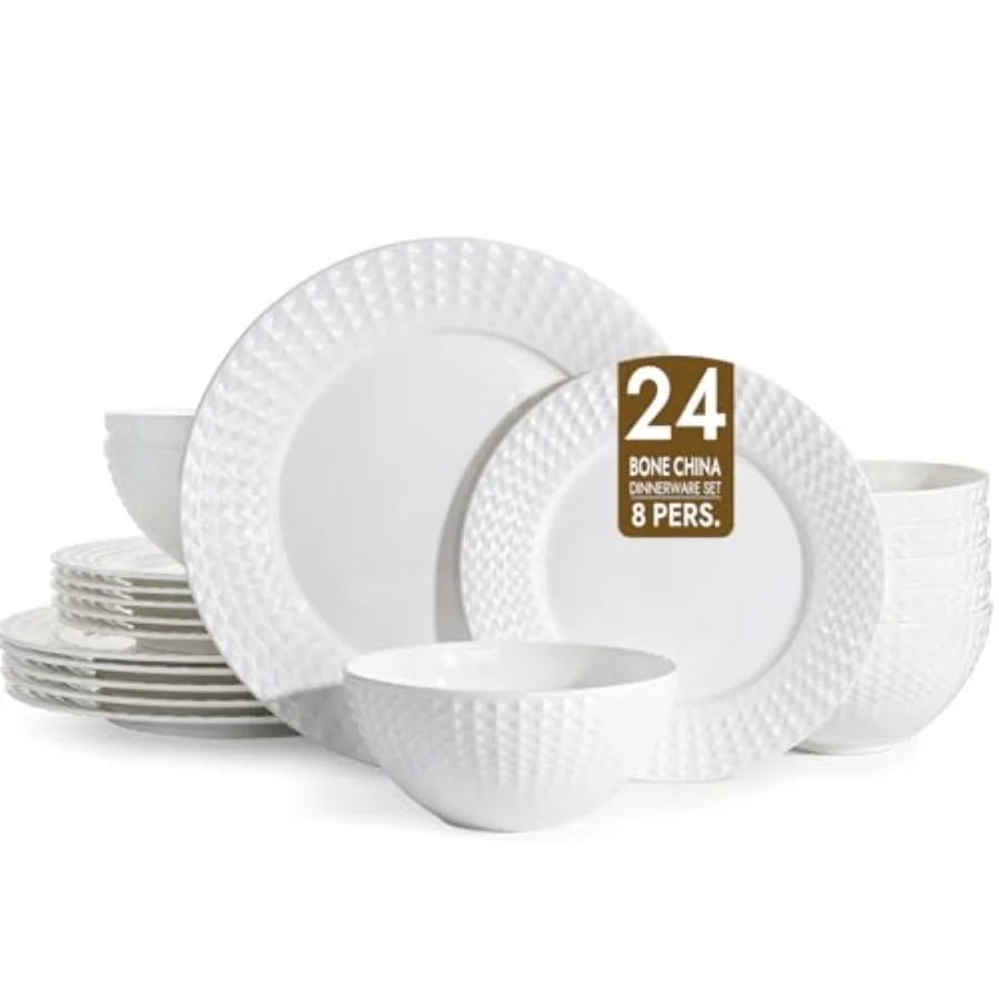 Bone China Dinnerware Set, 24-Piece White Lightweight Porcelain for 8, Plates and Bowls with Rhombus patterned edge design, Mic
Bone China Dinnerware Set, 24-Piece White Lightweight Porcelain for 8, Plates and Bowls with Rhombus patterned edge design, Mic