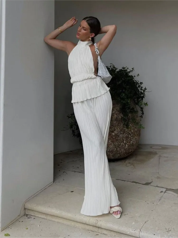 Sexy Hot Girls Solid Color Pants Sets Women Halter Neck Backless Sleeveless Vest Wide Legs Trousers Two Piece Set Streetwear
Sexy Hot Girls Solid Color Pants Sets Women Halter Neck Backless Sleeveless Vest Wide Legs Trousers Two Piece Set Streetwear