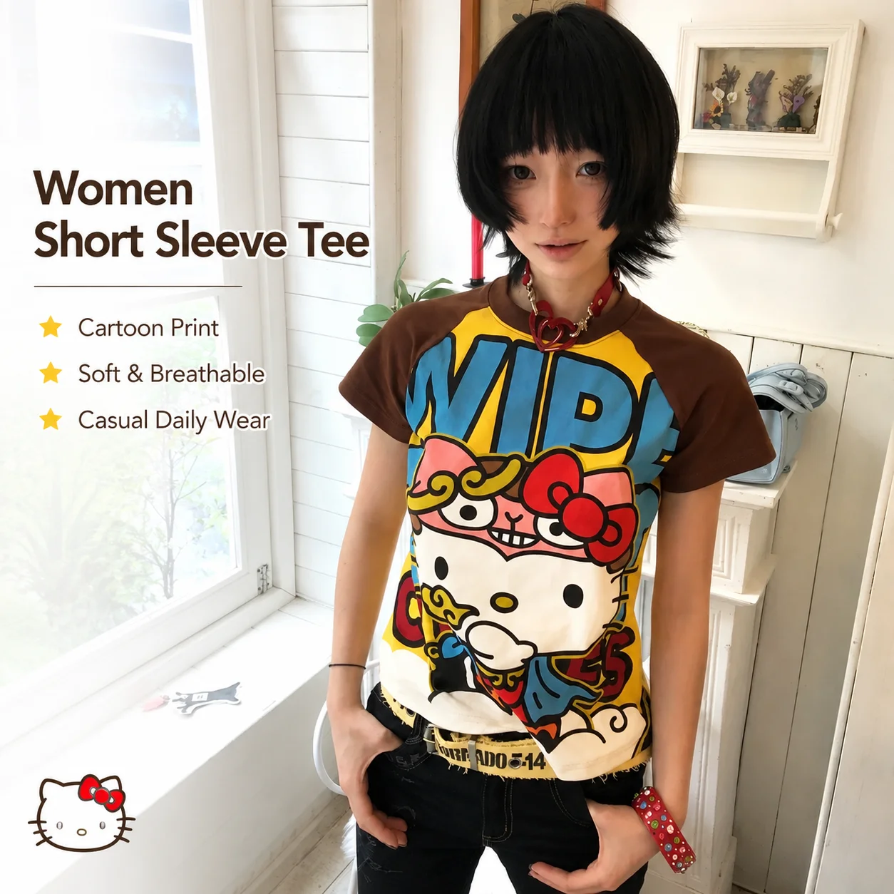 Sanrio Hello Kitty Women Raglan Short Sleeve T-shirt Cute Cartoon Print Summer Soft Breathable Casual Daily Tops
Sanrio Hello Kitty Women Raglan Short Sleeve T-shirt Cute Cartoon Print Summer Soft Breathable Casual Daily Tops