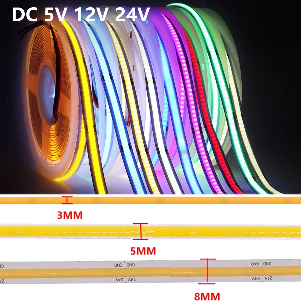 COB LED Strip 5V 12V 24V High Brightness 320LEDs/m COB LED Tape 3mm 5mm 8mm Light Bar White 4000K Warm White Red Green Blue
COB LED Strip 5V 12V 24V High Brightness 320LEDs/m COB LED Tape 3mm 5mm 8mm Light Bar White 4000K Warm White Red Green Blue