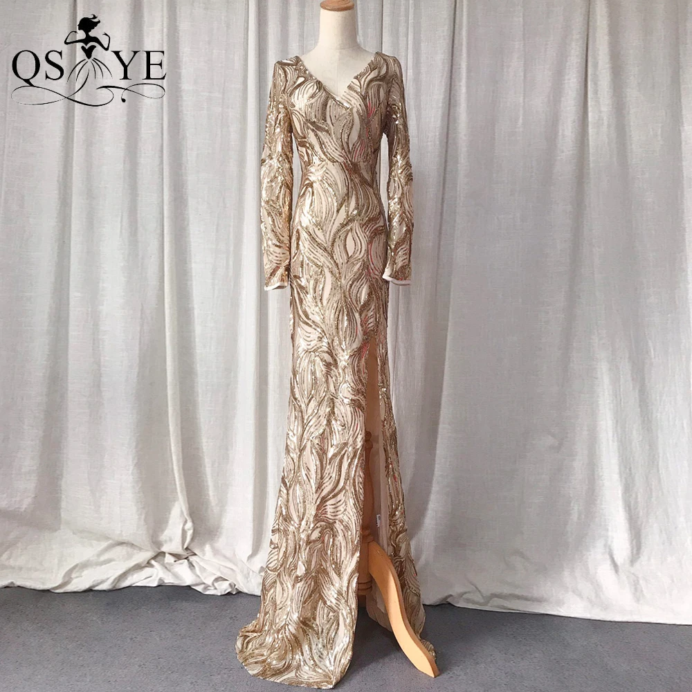 Long Sleeves Gold Evening Dresses Sequin Lace Mermaid Prom Sexy Split Deep V Neck Party Gown Glitter Lace Pattern Formal Dress
Long Sleeves Gold Evening Dresses Sequin Lace Mermaid Prom Sexy Split Deep V Neck Party Gown Glitter Lace Pattern Formal Dress