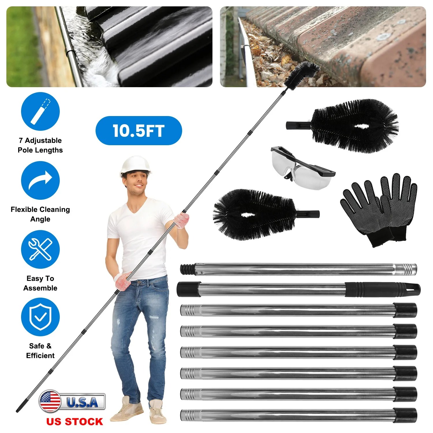 10.5FT Gutter Cleaning Tool with Telescoping Pole, Extendable Rain Gutter Cleaner Brush Set from Ground, Roof Leaf Guard Removal, 2 Angled Flexible Nylon Brushes, Protective Gloves & Goggles Kit, Heavy Duty Stainless Steel Wand - US Stock Fast Shipping
10.5FT Gutter Cleaning Tool with Telescoping Pole, Extendable Rain Gutter Cleaner Brush Set from Ground, Roof Leaf Guard Removal, 2 Angled Flexible Nylon Brushes, Protective Gloves & Goggles Kit, Heavy Duty Stainless Steel Wand - US Stock Fast Shipping