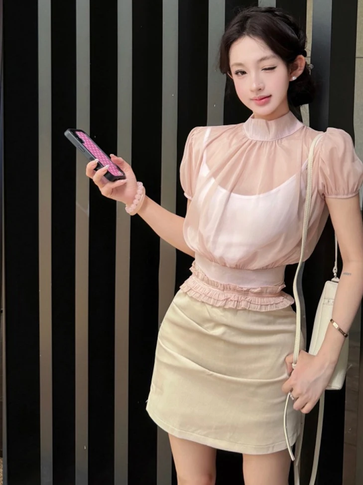 Sweet Pure Desire Style Bubble Sleeve Stand Collar See through Shirt Top High Waist Slimming Wrap Body Half Skirt Set for Women
Sweet Pure Desire Style Bubble Sleeve Stand Collar See through Shirt Top High Waist Slimming Wrap Body Half Skirt Set for Women