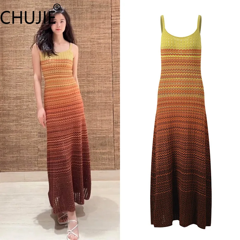 CHUJIE Women's Dress Casual Gradient Stripe Resort Slimming Long Knitted Strap Dress 2025 Spring New
CHUJIE Women's Dress Casual Gradient Stripe Resort Slimming Long Knitted Strap Dress 2025 Spring New
