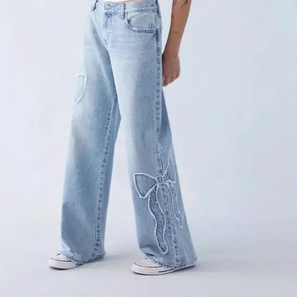 Jeans Wide Leg Pants Women Vintage Denims Embroidery Bow High Waist Washed Distressed Streetwear Straight Trousers Floor Length 
Jeans Wide Leg Pants Women Vintage Denims Embroidery Bow High Waist Washed Distressed Streetwear Straight Trousers Floor Length