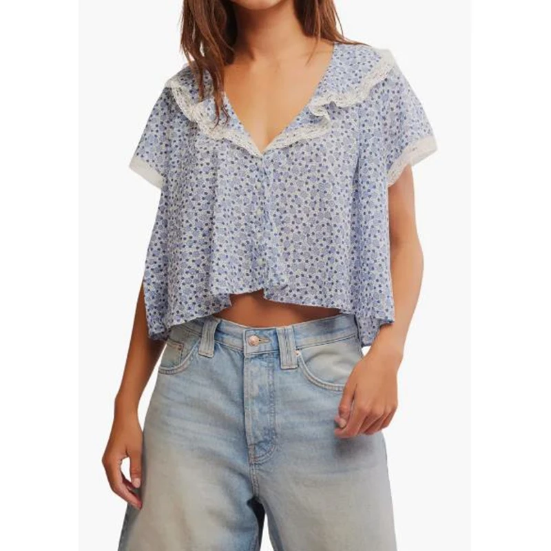 Combhasaki Women Summer Short Sleeve Shirts Lace Trim Floral Print Buttons Down V-Neck Blouses Loose Casual Crop Tops Streetwear
Combhasaki Women Summer Short Sleeve Shirts Lace Trim Floral Print Buttons Down V-Neck Blouses Loose Casual Crop Tops Streetwear