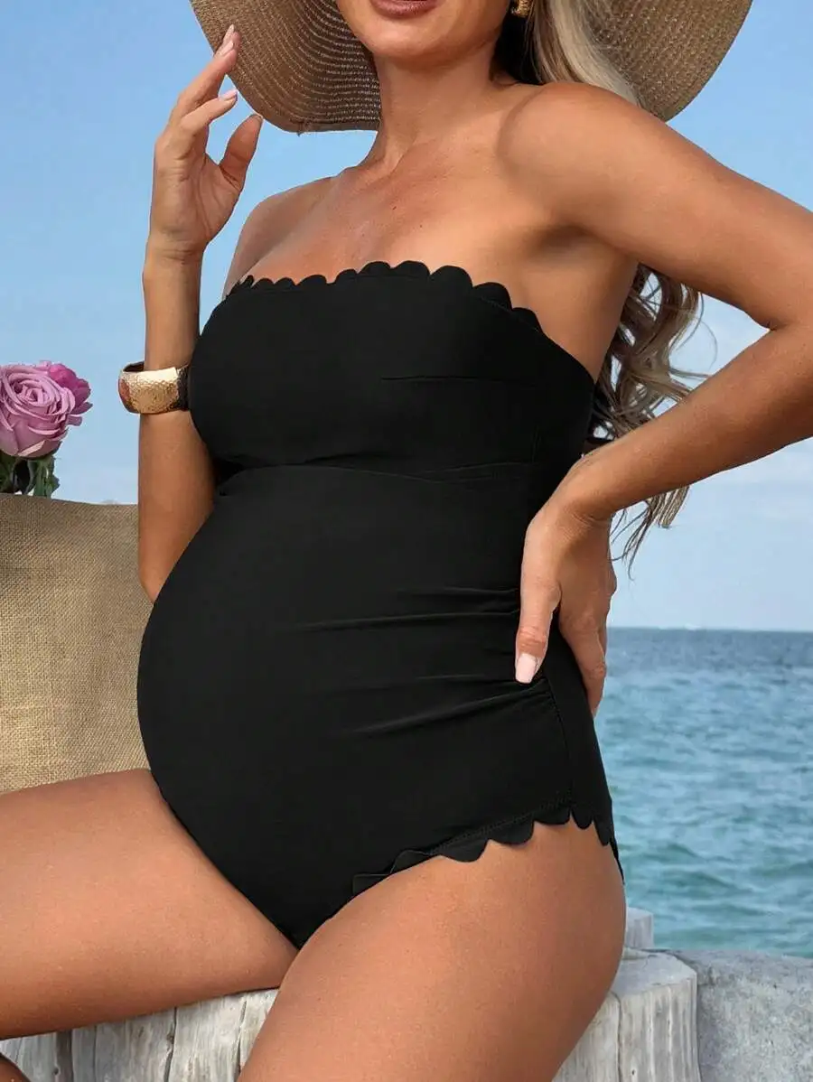 Black Scalloped Edge Maternity One-Piece Swimsuit For Beach Vacation
Black Scalloped Edge Maternity One-Piece Swimsuit For Beach Vacation