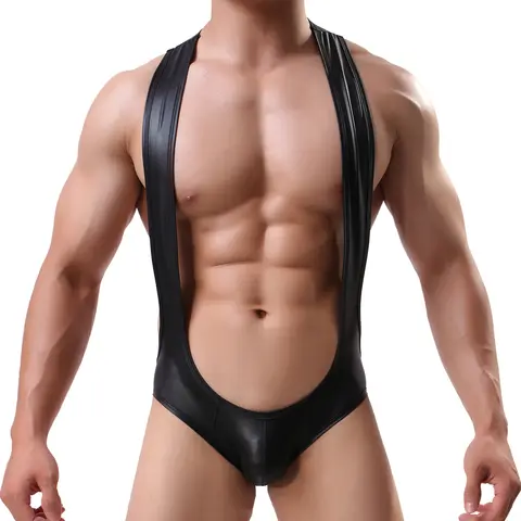 Erkek Leotard seksi Teddy iç giyim PU deri Bodysuit güreş atleti açık popo tulum eşcinsel erotik iç çamaşırı fetiş Catsuit