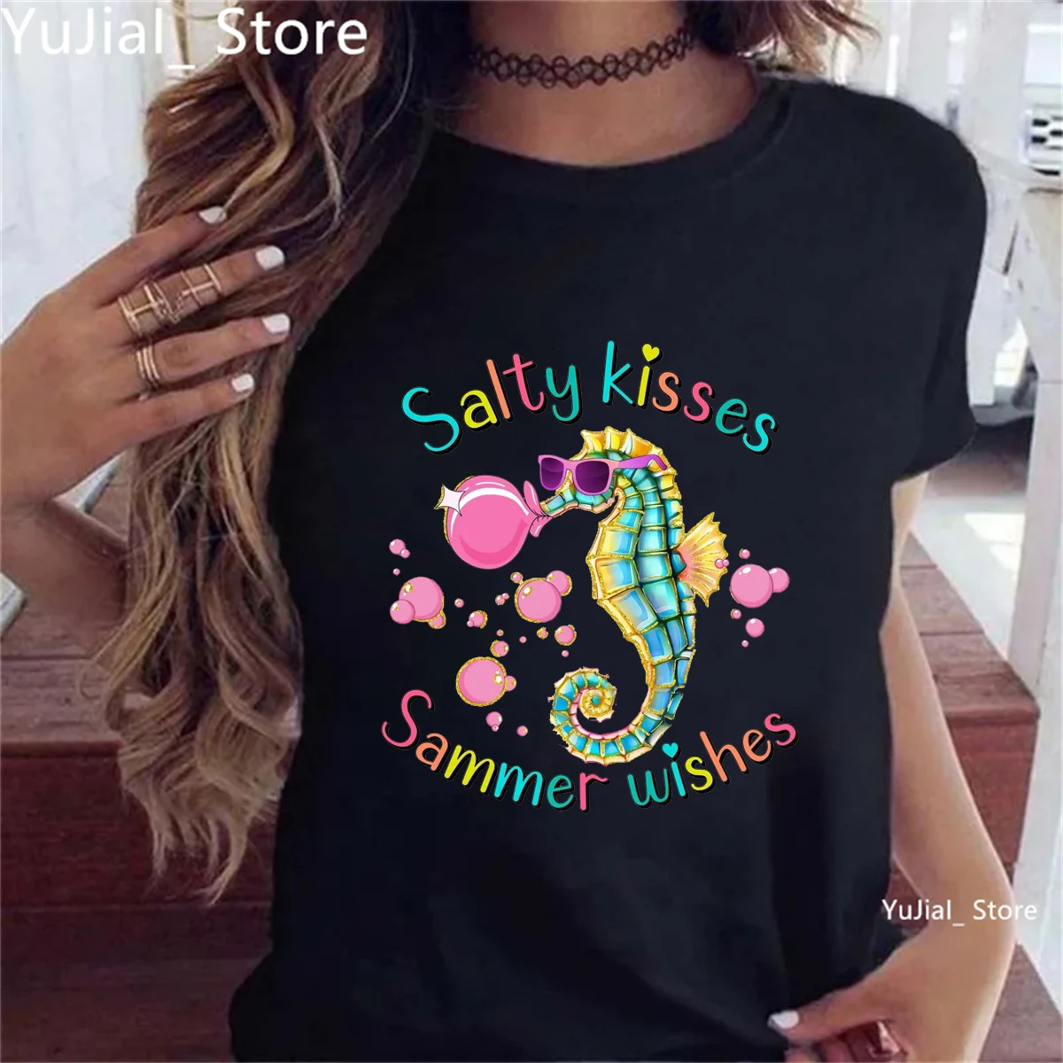 Colorful Salty Kisses Sammer Wishes Seahorse Printed T Shirt Women Summer Vacation Girls Trip T-Shirt Femme Beach Surf T-Shirt
Colorful Salty Kisses Sammer Wishes Seahorse Printed T Shirt Women Summer Vacation Girls Trip T-Shirt Femme Beach Surf T-Shirt