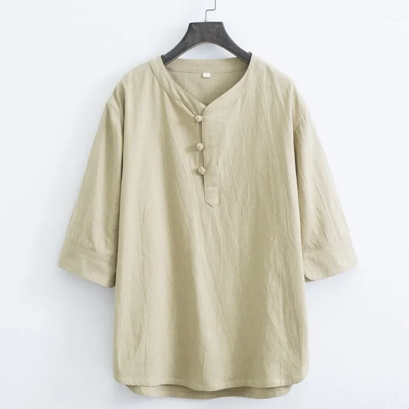 New Men Shirt Fashion Cotton Solid Color Chinese Style Three Quarter Short Sleeve T Shirt Male Loose Top Tee 
New Men Shirt Fashion Cotton Solid Color Chinese Style Three Quarter Short Sleeve T Shirt Male Loose Top Tee