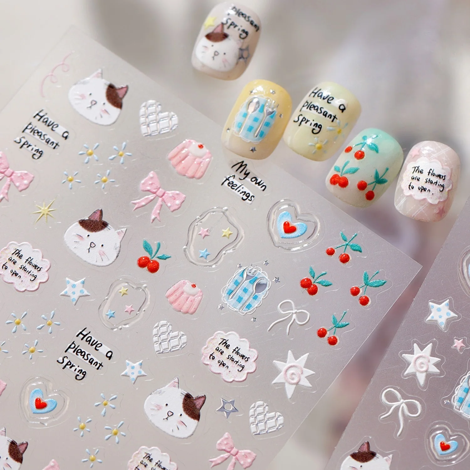 Cute Cartoon Cat 5D Nail Decals Pudding Cherry Bow Kawaii Embossed Self-Adhesive Nail Art Stickers Manicure Decals Accessories
Cute Cartoon Cat 5D Nail Decals Pudding Cherry Bow Kawaii Embossed Self-Adhesive Nail Art Stickers Manicure Decals Accessories