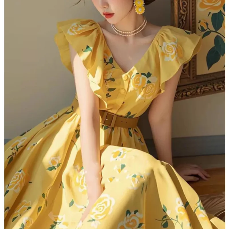 French niche unique yellow rose print flutter-sleeve dress for beach and seaside vacation for women
French niche unique yellow rose print flutter-sleeve dress for beach and seaside vacation for women