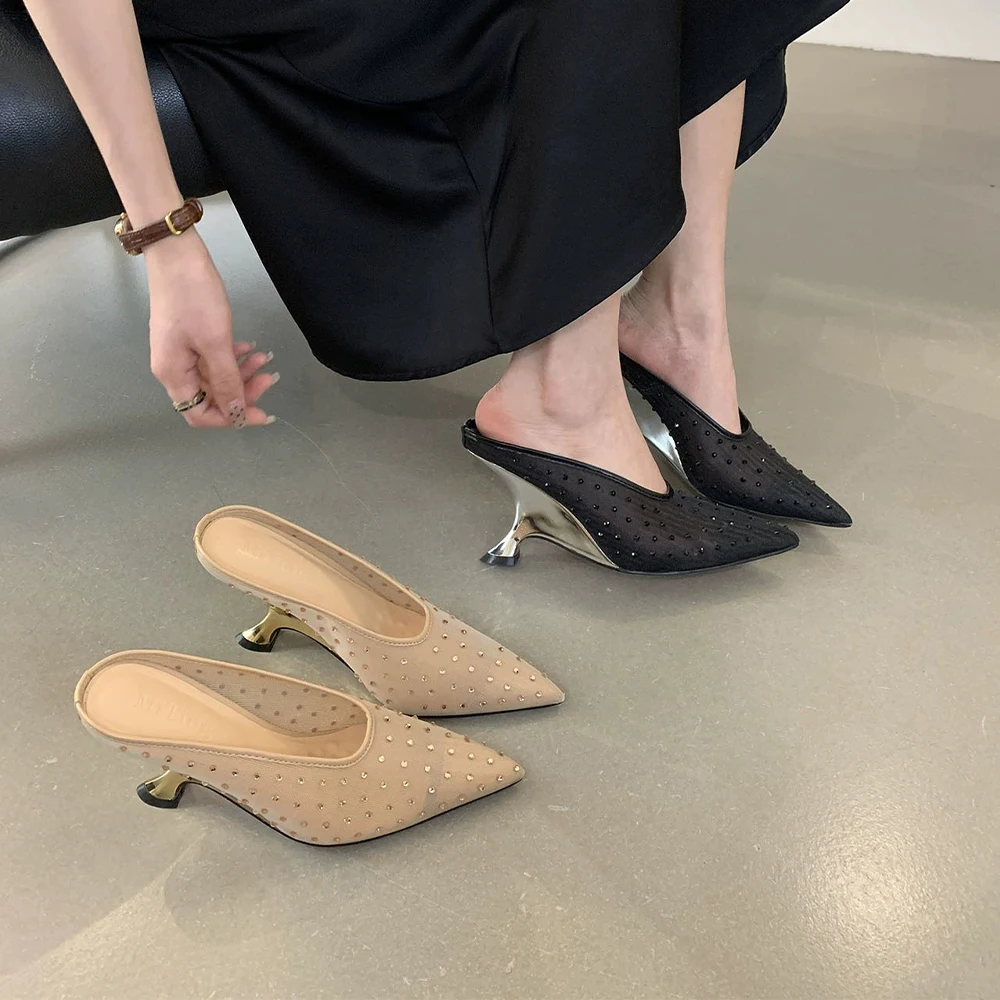Mesh Backless Mules High Heels Pumps Slippers Evening Dress Women Sandals Pointed Toe Slip On Summer Dress Shoes 3.15in Heels 
Mesh Backless Mules High Heels Pumps Slippers Evening Dress Women Sandals Pointed Toe Slip On Summer Dress Shoes 3.15in Heels