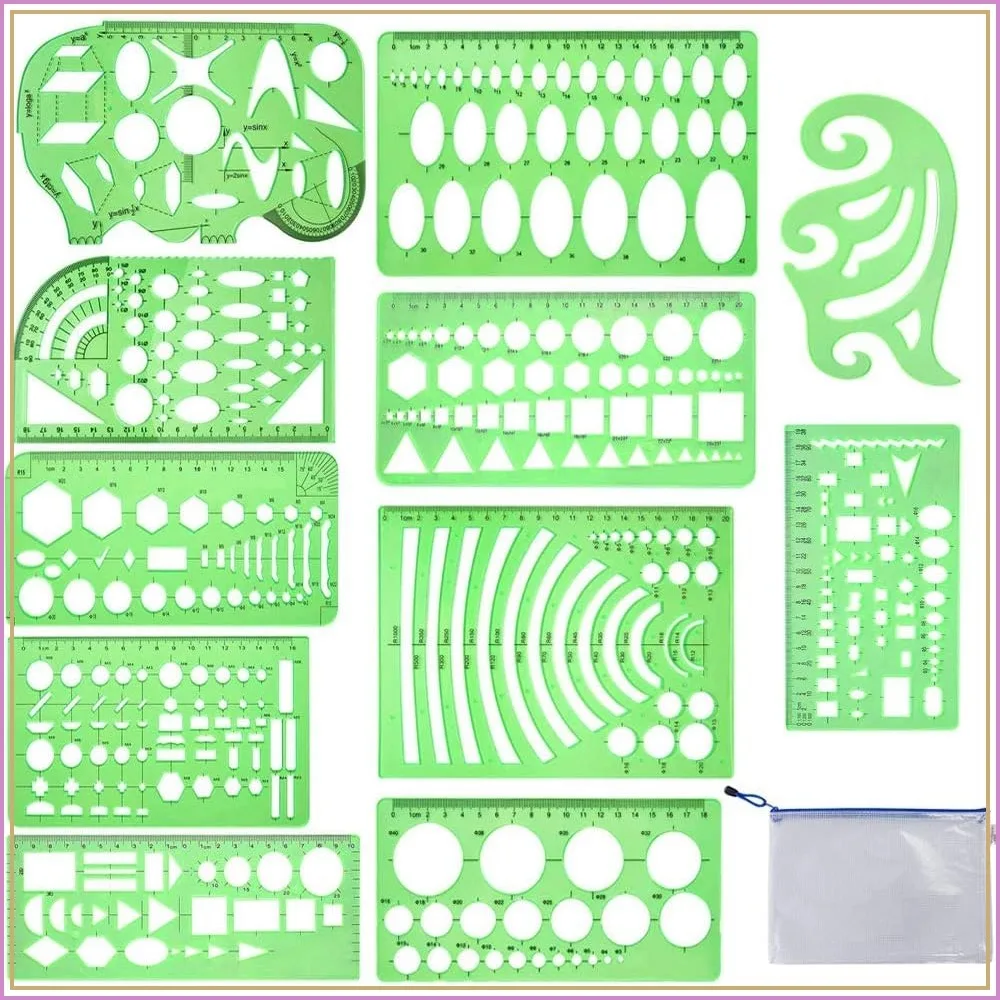 11 Pcs Geometric Drawings Stencils Plastic Measuring Template Rulers for Drafting Engineering School Office Supplies
11 Pcs Geometric Drawings Stencils Plastic Measuring Template Rulers for Drafting Engineering School Office Supplies