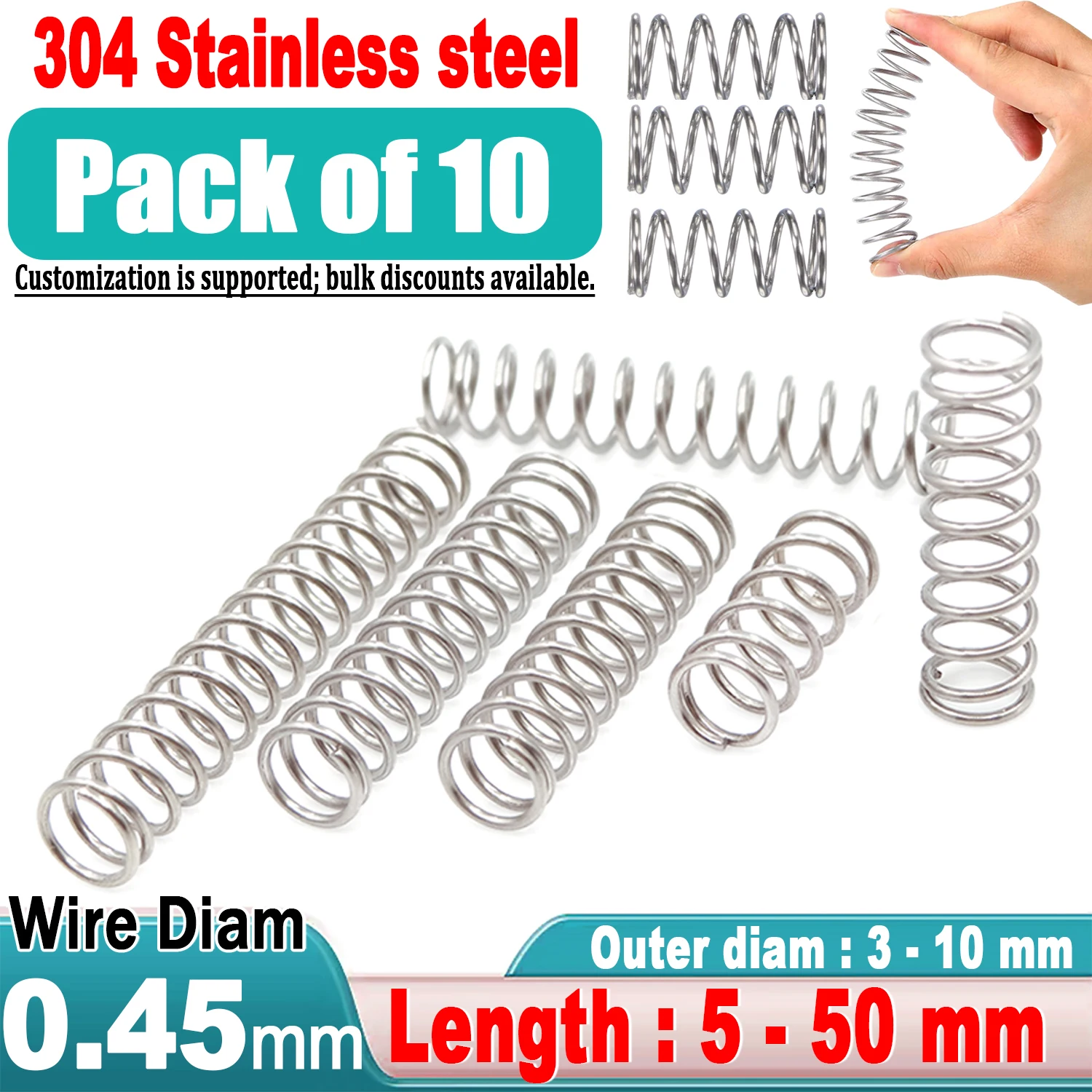 10pcs Compression Spring 0.45 mm Wire Variants Applied Spiral Stainless Steel Metal OD: 3 ,4 ,5 ,6 ,8 ,9 ,10mm, Length: 5mm-50mm
10pcs Compression Spring 0.45 mm Wire Variants Applied Spiral Stainless Steel Metal OD: 3 ,4 ,5 ,6 ,8 ,9 ,10mm, Length: 5mm-50mm