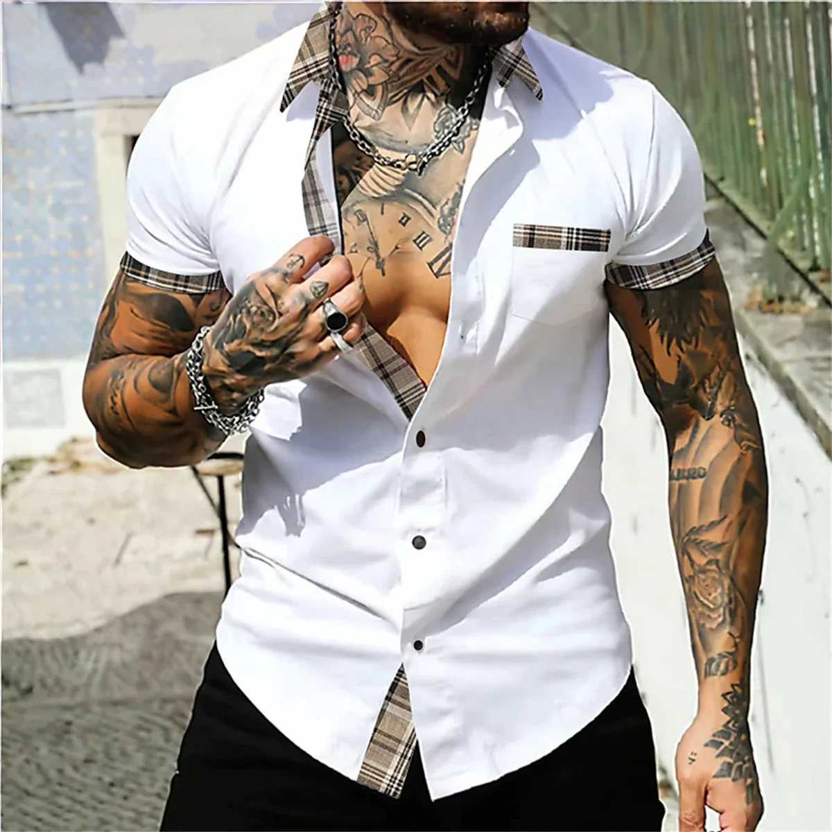 Men's solid color patchwork lapel button up shirt, fashionable Hawaiian short sleeved shirt, summer street high-quality clothing
Men's solid color patchwork lapel button up shirt, fashionable Hawaiian short sleeved shirt, summer street high-quality clothing
