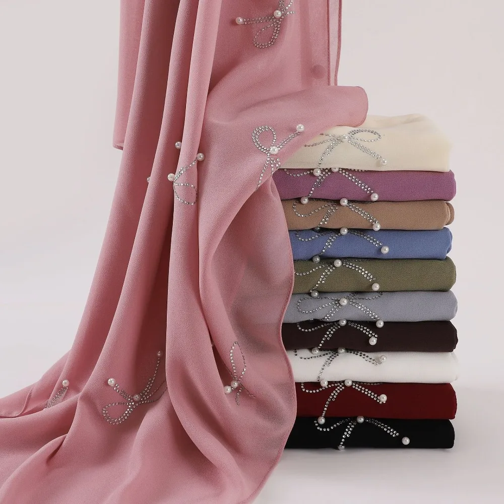New 175×70cm Chiffon Hijabs Pearl Bow Design Solid Color Head Wrap Breathable Long Shawl for Women
New 175×70cm Chiffon Hijabs Pearl Bow Design Solid Color Head Wrap Breathable Long Shawl for Women