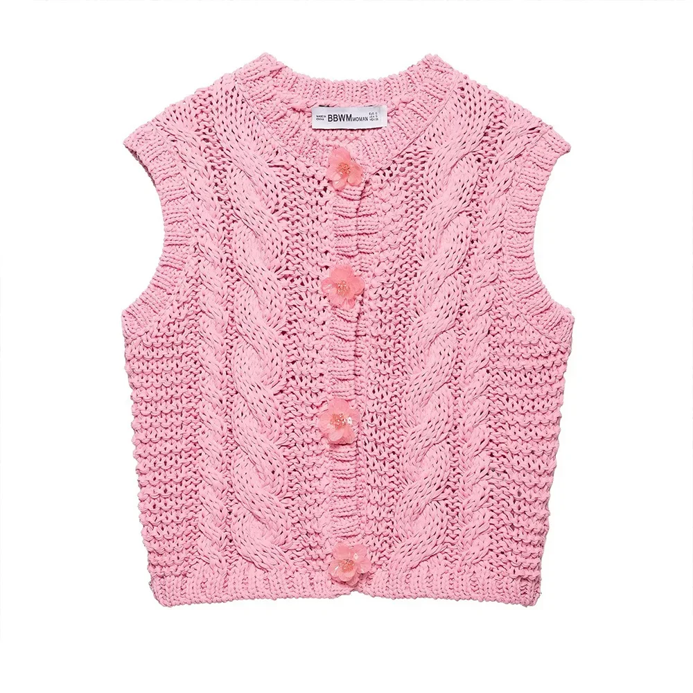 Sweet Pink Round Neck Sleeveless Flower Button Design Single Breasted Women Short Knit Vest Sweater Spring New
Sweet Pink Round Neck Sleeveless Flower Button Design Single Breasted Women Short Knit Vest Sweater Spring New