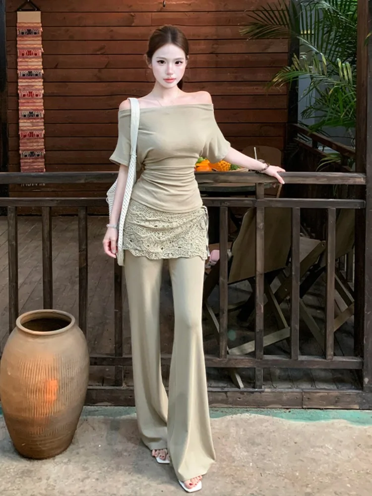Casual Pure Desire Style One-Shoulder T-Shirt High Waist Slimming Flared Pants with Butt Curtain Three-Piece Summer Set
Casual Pure Desire Style One-Shoulder T-Shirt High Waist Slimming Flared Pants with Butt Curtain Three-Piece Summer Set