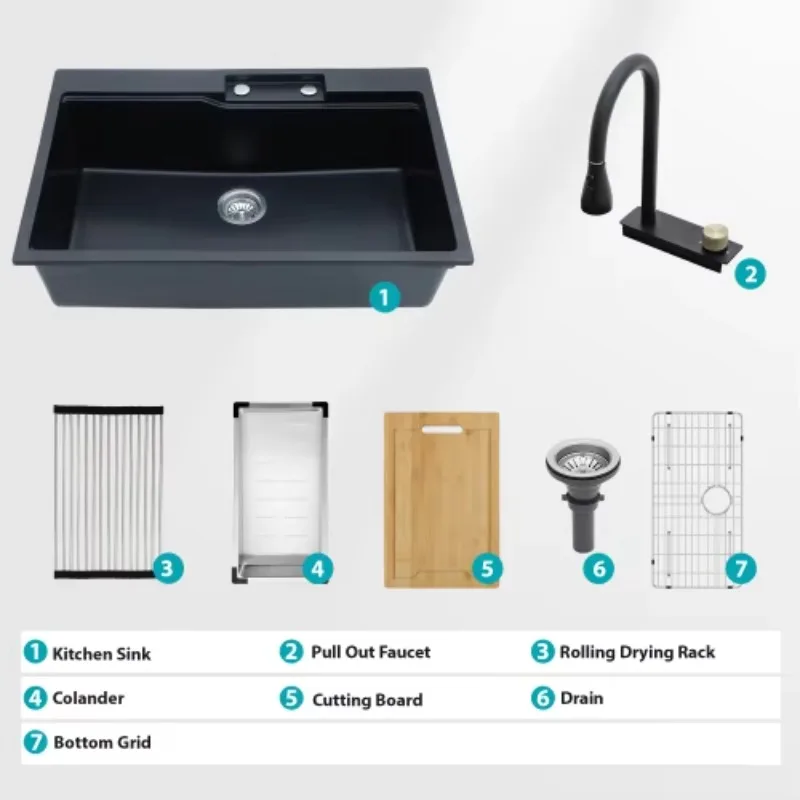 ATVModern Undermount Kitchen Sink Set 33x19 Inch, Black Composite Quartz Granite Single Bowl Sink With Drainboard
ATVModern Undermount Kitchen Sink Set 33x19 Inch, Black Composite Quartz Granite Single Bowl Sink With Drainboard