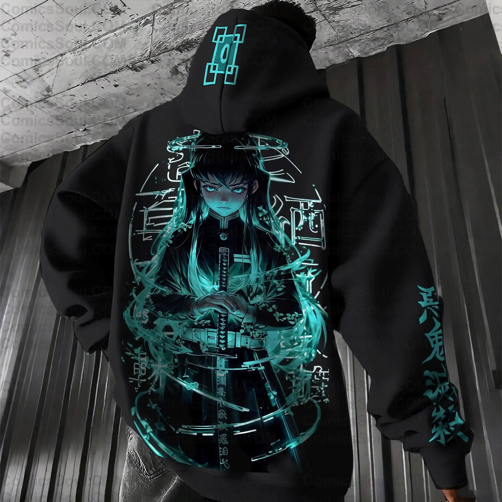 Black Demon Slayer Hoodie Set with Character Pattern Back Print Teal Accent Design Two Piece Outfit Kimetsu No Yaiba Style
Black Demon Slayer Hoodie Set with Character Pattern Back Print Teal Accent Design Two Piece Outfit Kimetsu No Yaiba Style