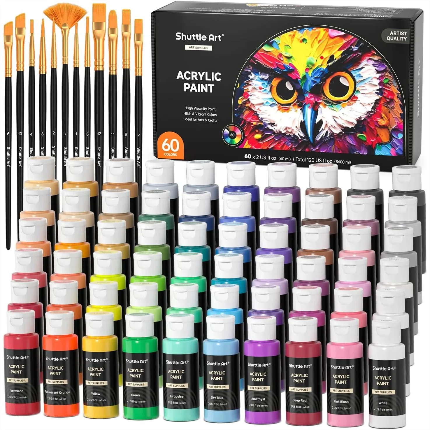 72 Pack Acrylic Paint Set with 60 Colors & 12 Brushes, 2oz/60ml, Rich Pigmented, Ideal for Artists Beginners on Canvas Rock Wood
72 Pack Acrylic Paint Set with 60 Colors & 12 Brushes, 2oz/60ml, Rich Pigmented, Ideal for Artists Beginners on Canvas Rock Wood