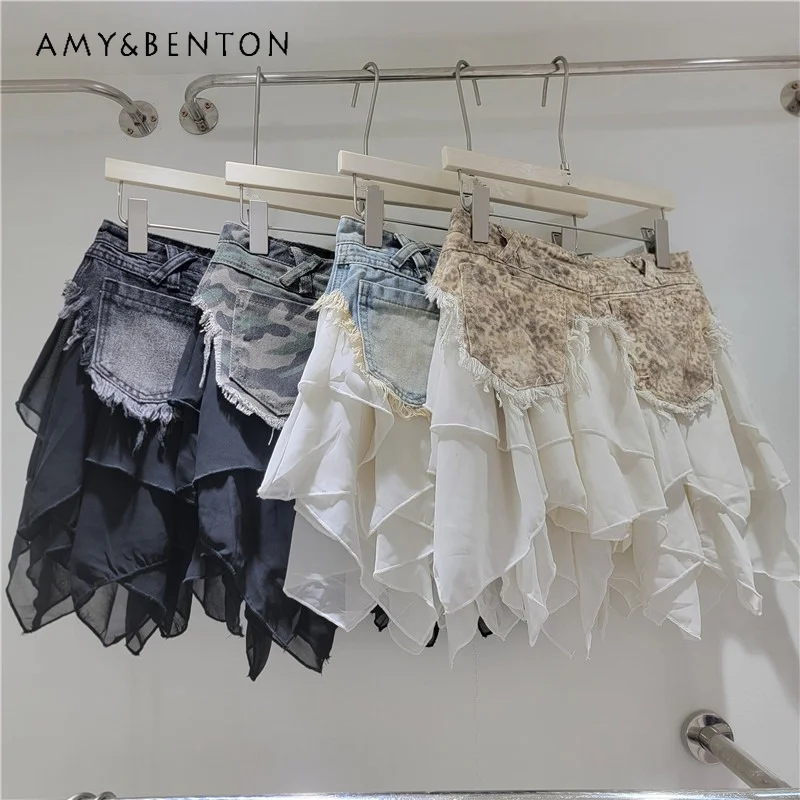 Vintage Punk Style Washed Raw Edge Chiffon Spliced Denim Mini Skirt Ladies Reversible Irregular Hem High Waist Short Half Skirts
Vintage Punk Style Washed Raw Edge Chiffon Spliced Denim Mini Skirt Ladies Reversible Irregular Hem High Waist Short Half Skirts