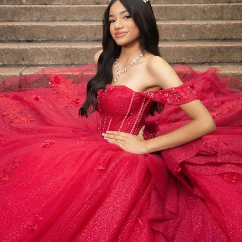 Shiny Red Quinceanera Dress off-shoulder glitter decal Tull 3D flower Long tail Bow vestidos de 15 Quinceanera Customized
Shiny Red Quinceanera Dress off-shoulder glitter decal Tull 3D flower Long tail Bow vestidos de 15 Quinceanera Customized
