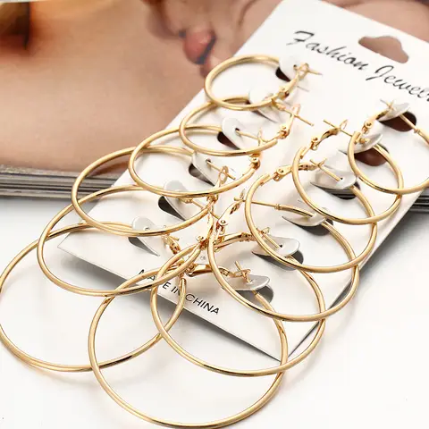 6 Pairs Big Circle Hoop Earrings Set For Women Fashion Gold Silver Color Round Earring Wedding Party Ear Jewelry Gift