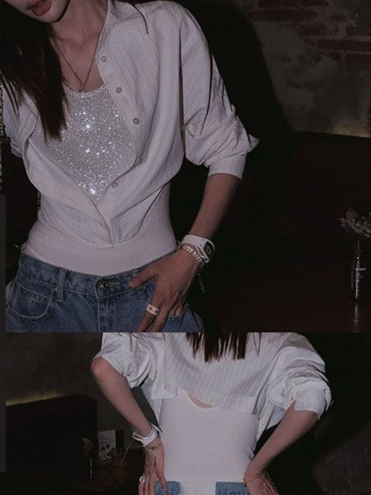 Y2K aesthetic faux two-piece shirt, spring women's clothing, Harajuku style patchwork grunge shirt, spring retro top.
Y2K aesthetic faux two-piece shirt, spring women's clothing, Harajuku style patchwork grunge shirt, spring retro top.