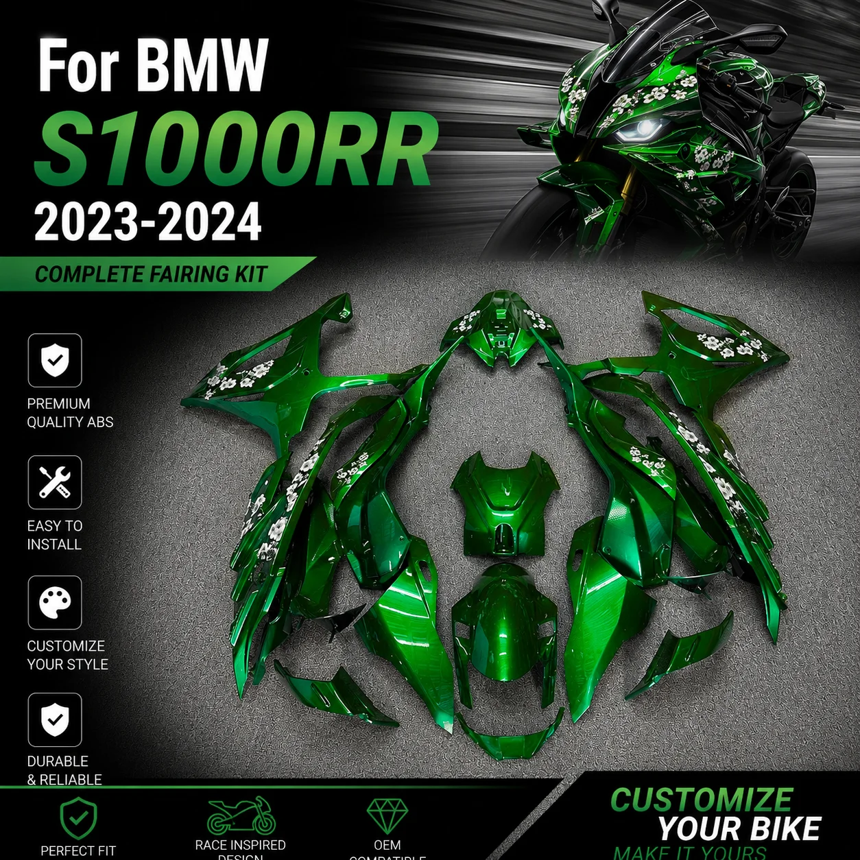Pre-Drilled Fairing Kit for 2023-2024 BMW S1000RR OEM Fitment Guaranteed ABS Plastic Injection Molded Bodywork Front Cowling Set
Pre-Drilled Fairing Kit for 2023-2024 BMW S1000RR OEM Fitment Guaranteed ABS Plastic Injection Molded Bodywork Front Cowling Set