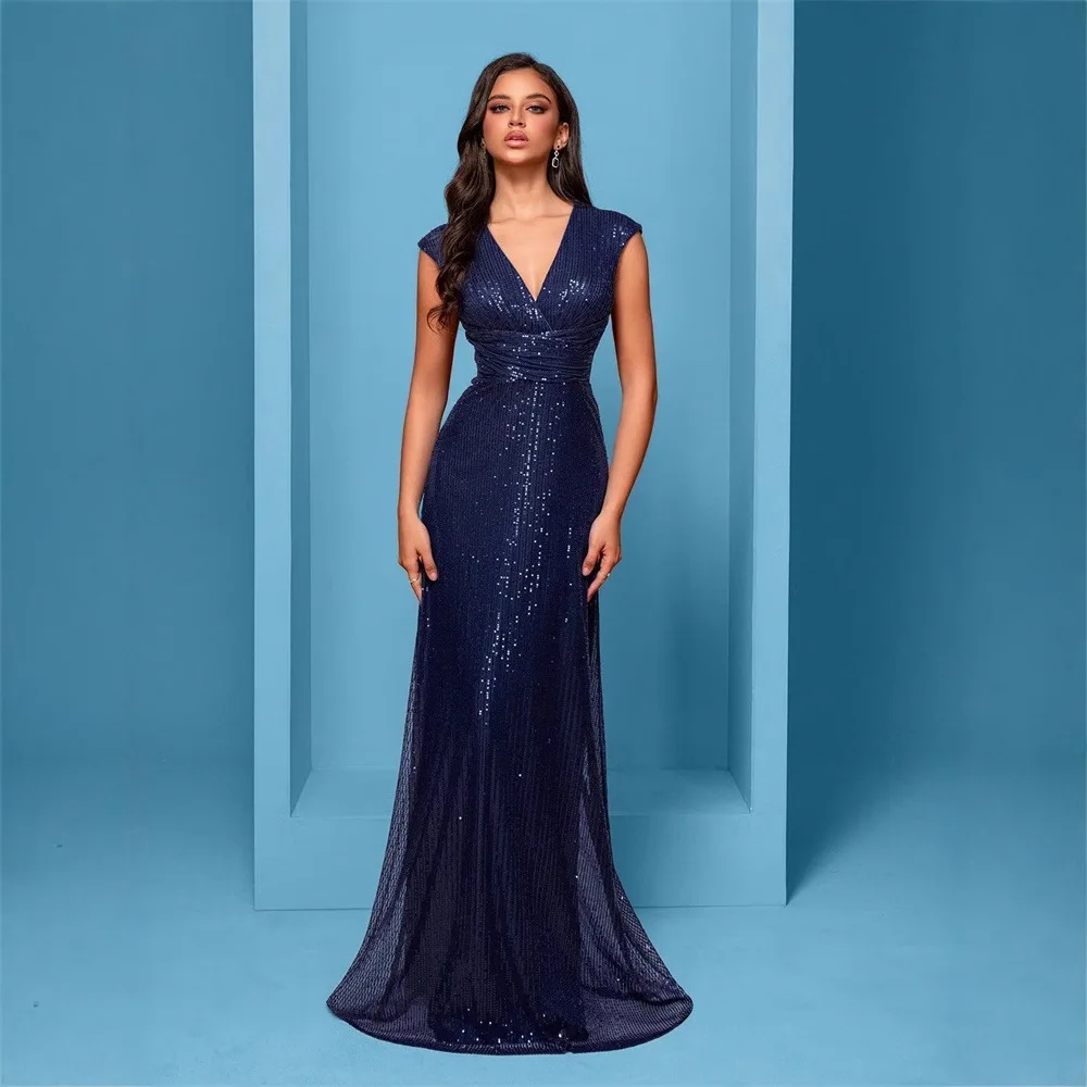Navy Deep V Cap Sleeve Cross Ruched All Over Vertical Sequin Slim Mermaid Maxi Evening Bridesmaid Gown
Navy Deep V Cap Sleeve Cross Ruched All Over Vertical Sequin Slim Mermaid Maxi Evening Bridesmaid Gown