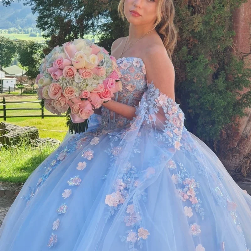 Aqua Blue Quinceanera Dress glitter flower Decal Long tail layering Vestidos De 15 Quinceanera Customize
Aqua Blue Quinceanera Dress glitter flower Decal Long tail layering Vestidos De 15 Quinceanera Customize