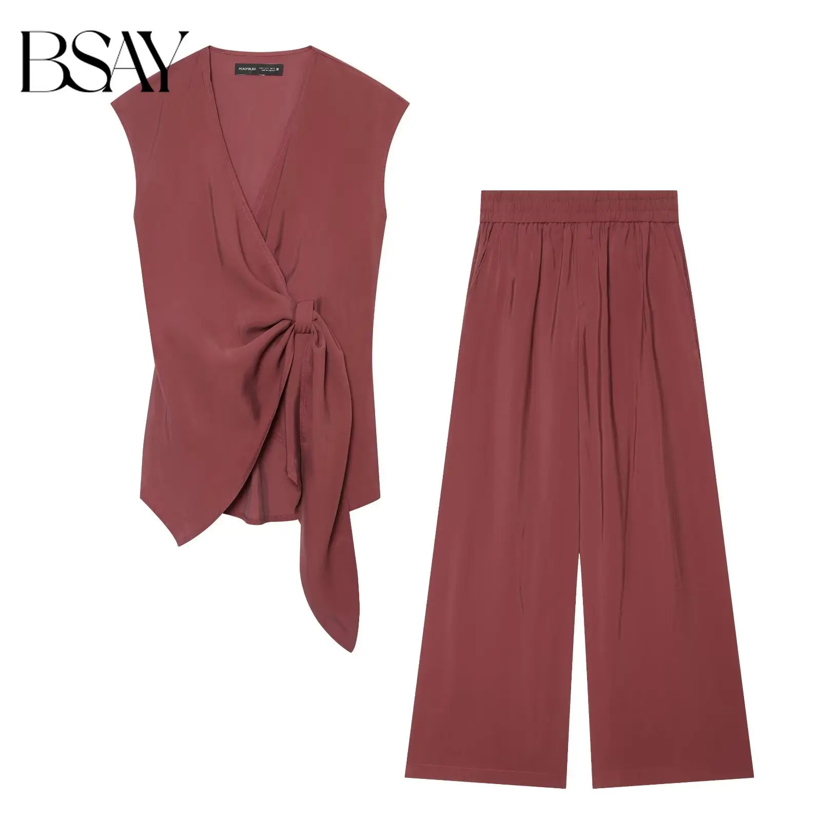 BSAY 2026 Women's Two Piece Set V-Neck Sleeveless Wrap Top With Bow Tie Elastic Waist Wide Leg Pants Elegant Solid Color Outfit
BSAY 2026 Women's Two Piece Set V-Neck Sleeveless Wrap Top With Bow Tie Elastic Waist Wide Leg Pants Elegant Solid Color Outfit