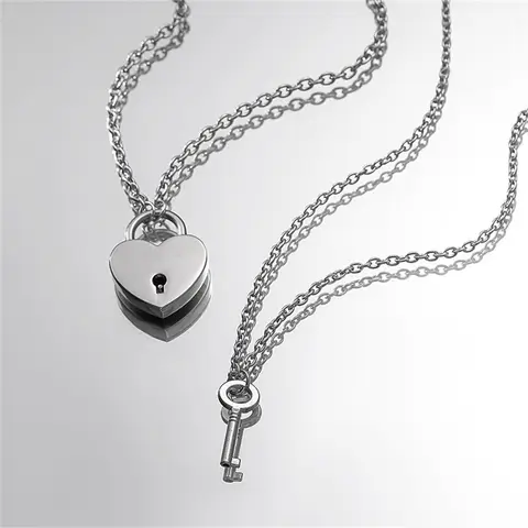 2pcs Romantic Couple Necklace for Women Men Key Lock Heart Pendant Stainless Steel Link Chain Necklace Best Friends Jewelry Gift