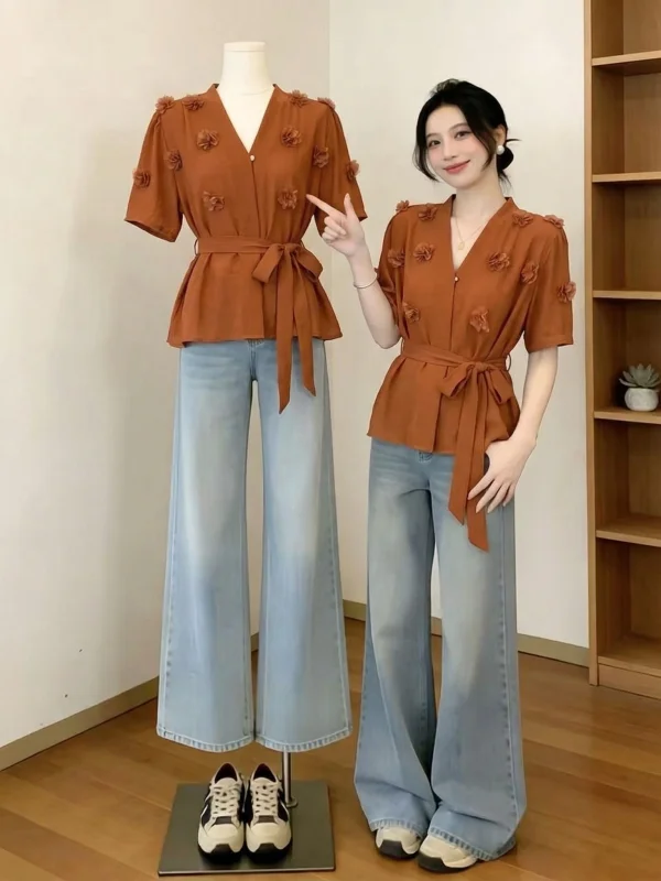 Orange Pumpkin Short Sleeve Shirt Women's V-neck Tie Waist Fashionable Age-reducing Top Korean Style Commute Wind Loose Fit
Orange Pumpkin Short Sleeve Shirt Women's V-neck Tie Waist Fashionable Age-reducing Top Korean Style Commute Wind Loose Fit