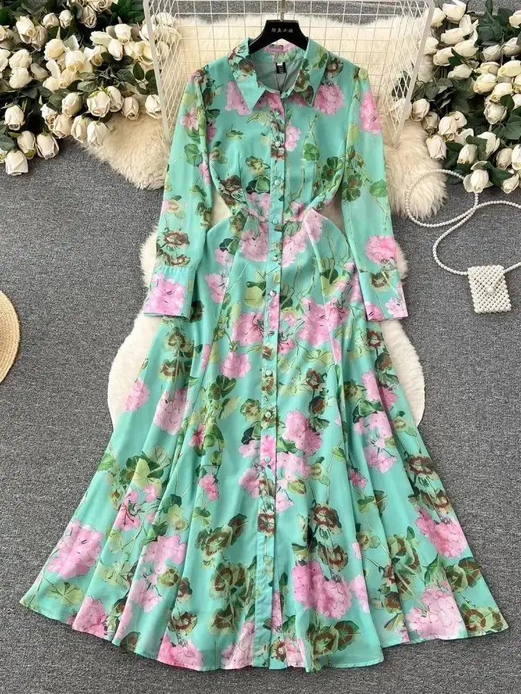 Women Single Breasted Full Sleeve Turn Down Collar Green Chiffon Dress New Autumn Runway Flower Print Long Shirt Robe Vestidos
Women Single Breasted Full Sleeve Turn Down Collar Green Chiffon Dress New Autumn Runway Flower Print Long Shirt Robe Vestidos