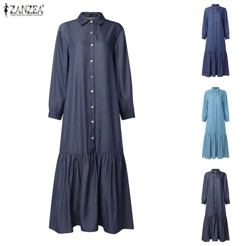 2026 ZANZEA Spring Fake Denim Blue Muslim Dress Abaya Women Lapel Neck Long Sleeve Solid Sundress Casual Robe Kaftan Vestidos
2026 ZANZEA Spring Fake Denim Blue Muslim Dress Abaya Women Lapel Neck Long Sleeve Solid Sundress Casual Robe Kaftan Vestidos