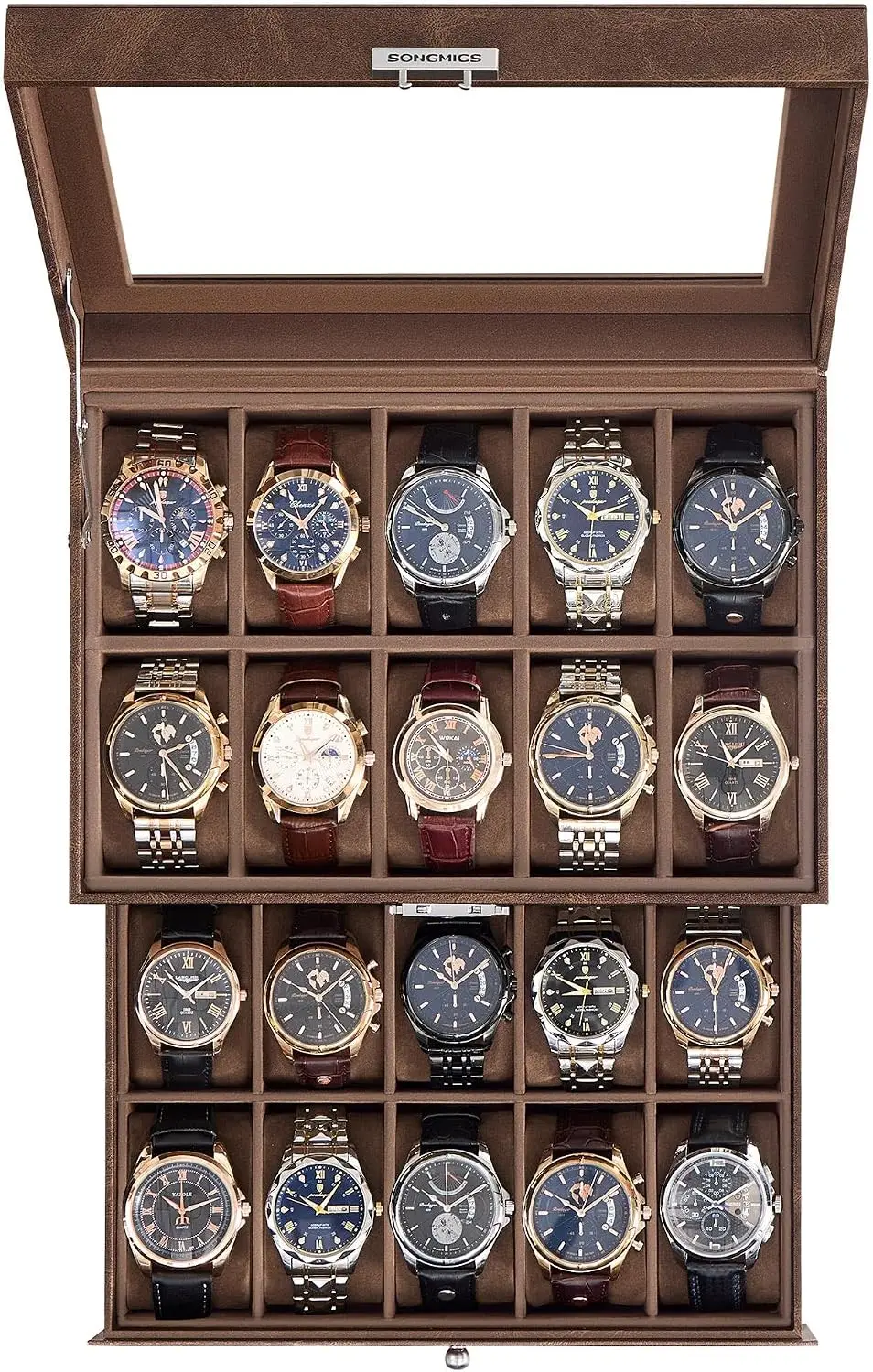 20-Slot Watch Box with Glass Lid, Removable Pillows, Metal Lock, Coffee Brown
20-Slot Watch Box with Glass Lid, Removable Pillows, Metal Lock, Coffee Brown