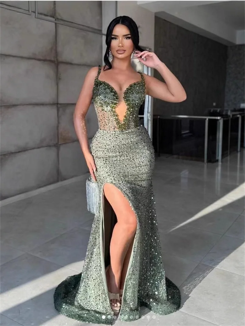 Luxury Green Women Prom Dress Pearls Crystals Stone Sexy Sheer Neck Sleeveless Long Evening Party Gown Formal Birthday Robe 
Luxury Green Women Prom Dress Pearls Crystals Stone Sexy Sheer Neck Sleeveless Long Evening Party Gown Formal Birthday Robe