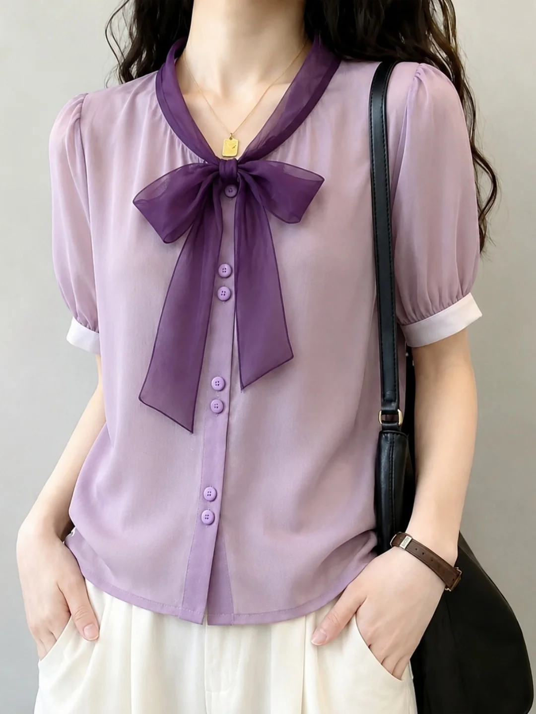 Elegant Knot Design Short Sleeve Shirt Women's Single Button Fashionable Summer Korean Style Straight Cut Top
Elegant Knot Design Short Sleeve Shirt Women's Single Button Fashionable Summer Korean Style Straight Cut Top
