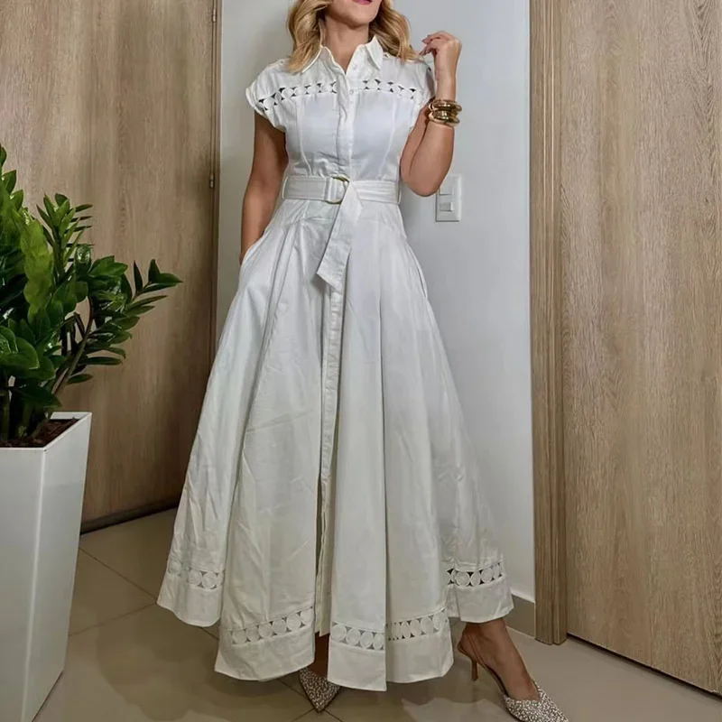 Women Solid Color Patchwork Sashes Party Dresses Lapel Short Sleeve High Waist Spliced Hollow Out Pleated Dress Female
Women Solid Color Patchwork Sashes Party Dresses Lapel Short Sleeve High Waist Spliced Hollow Out Pleated Dress Female