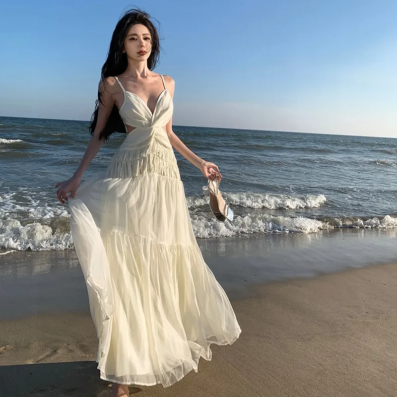Seaside Holiday Beach Dress Hollow-out Twisted Collar Sling Lace-up Waist-Controlled Large Swing
Seaside Holiday Beach Dress Hollow-out Twisted Collar Sling Lace-up Waist-Controlled Large Swing