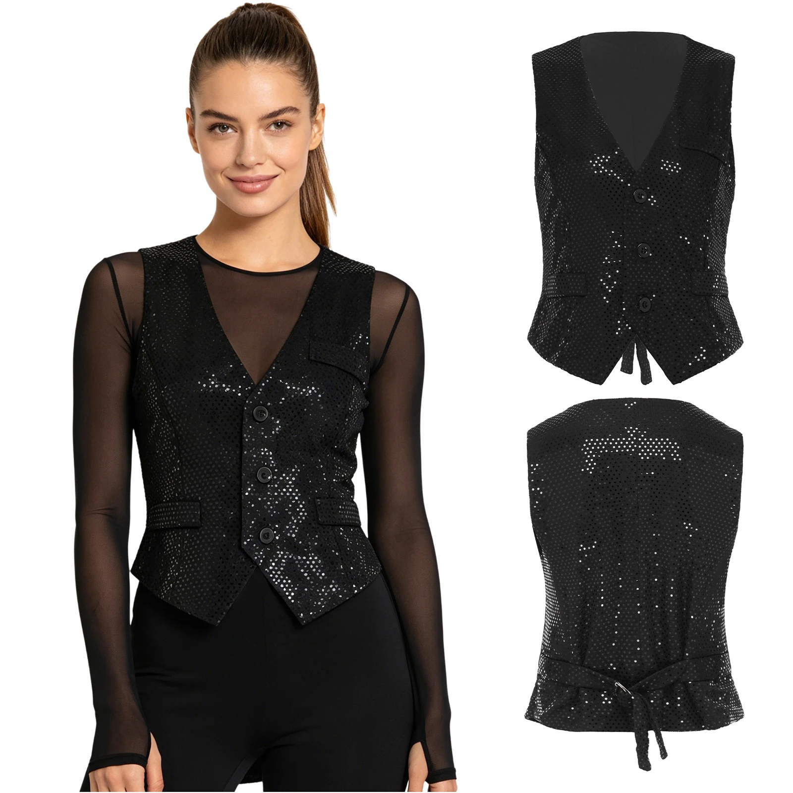 Women Sparkly Sequin Dance Tank Top V Neck Pointed Hem Button Down Waistcoat for Tango Latin Performance Stage
Women Sparkly Sequin Dance Tank Top V Neck Pointed Hem Button Down Waistcoat for Tango Latin Performance Stage