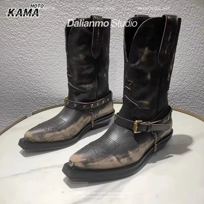 Women's Retro Western Cowboy Boots Rivet Pointed Toe Thick Heel Chelsea Boots Fashion Belt Buckle Metal Chain Knight Short Boots
Women's Retro Western Cowboy Boots Rivet Pointed Toe Thick Heel Chelsea Boots Fashion Belt Buckle Metal Chain Knight Short Boots