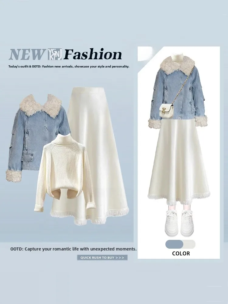 Korean Sle Winter Warm Faux Fur Collar Denim Jaet Knitted Sweater Skirt Tee Piece Set Faionable Agel Ensemble
Korean Sle Winter Warm Faux Fur Collar Denim Jaet Knitted Sweater Skirt Tee Piece Set Faionable Agel Ensemble