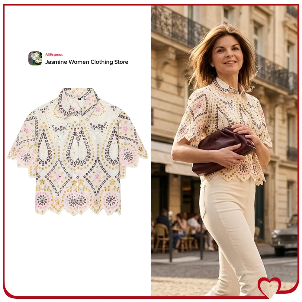 Elegant Chic Embroidered Eyelet Short Sleeve Shirt for Women Summer Stylish Multicolored Shirt Casual Lapel Collar Cropped Shirt
Elegant Chic Embroidered Eyelet Short Sleeve Shirt for Women Summer Stylish Multicolored Shirt Casual Lapel Collar Cropped Shirt