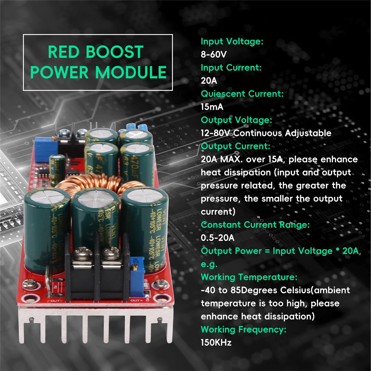 ABJU 1200W High Power DC-DC Converter Boost Step-up Power Supply Module 20A IN 8-60V OUT 12-80V Adjustable
ABJU 1200W High Power DC-DC Converter Boost Step-up Power Supply Module 20A IN 8-60V OUT 12-80V Adjustable