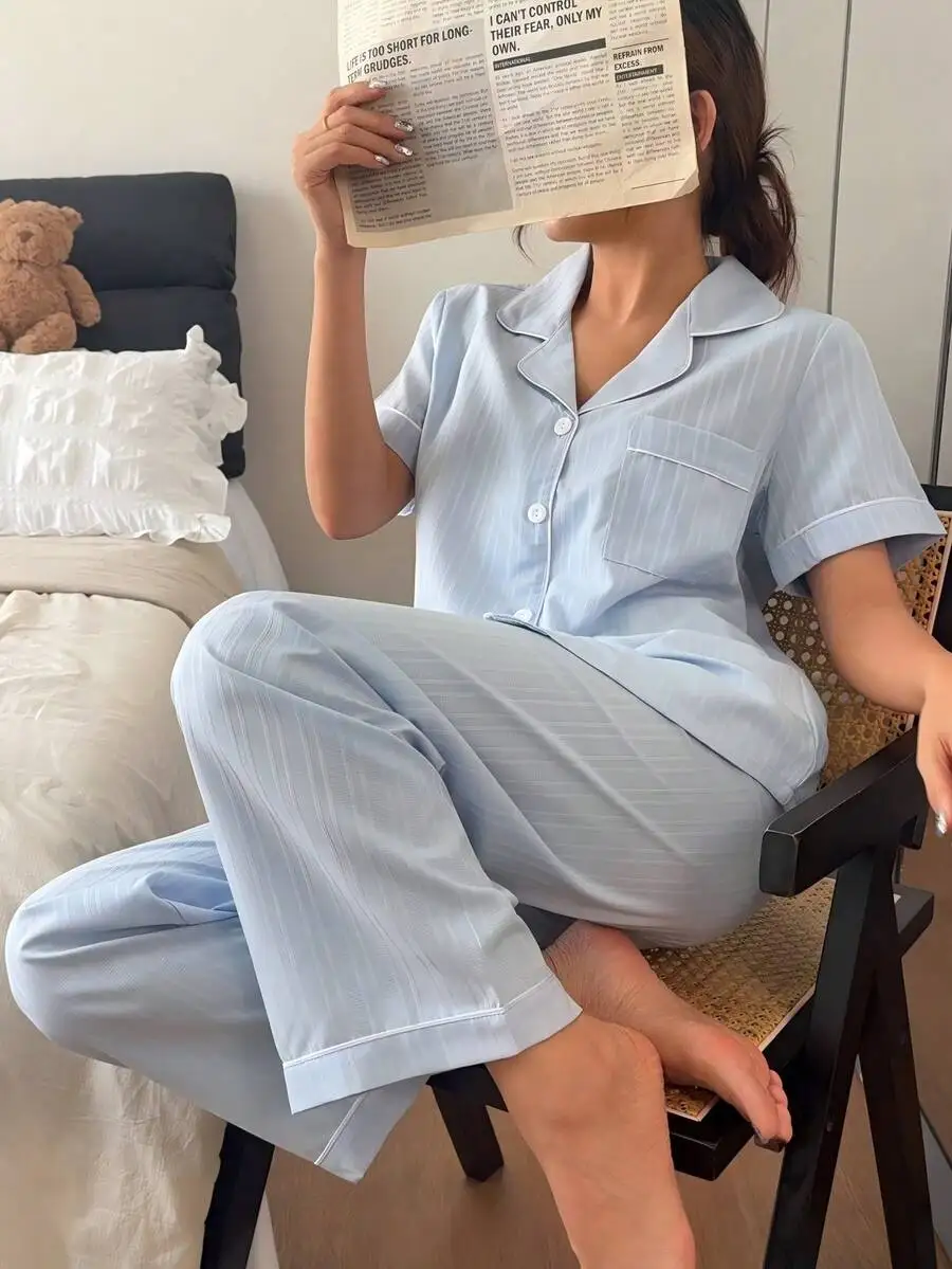 Womens Comfortable Striped Short Sleeve Pajama Set Spring Summer
Womens Comfortable Striped Short Sleeve Pajama Set Spring Summer