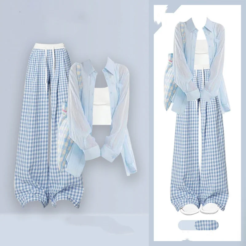 Women Spring Summer Thin Sunscreen Shirts White Sling Plaid Wide Leg Pants Three Piece Suit Lady Casual Blouse Vest Trousers Set
Women Spring Summer Thin Sunscreen Shirts White Sling Plaid Wide Leg Pants Three Piece Suit Lady Casual Blouse Vest Trousers Set